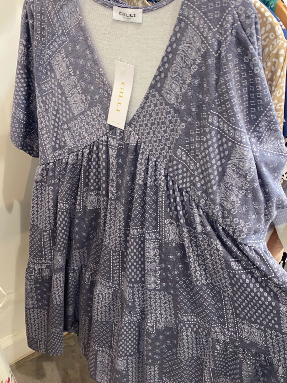 Gilli Gray-Blue Patchwork V-Neck Babydoll Dress